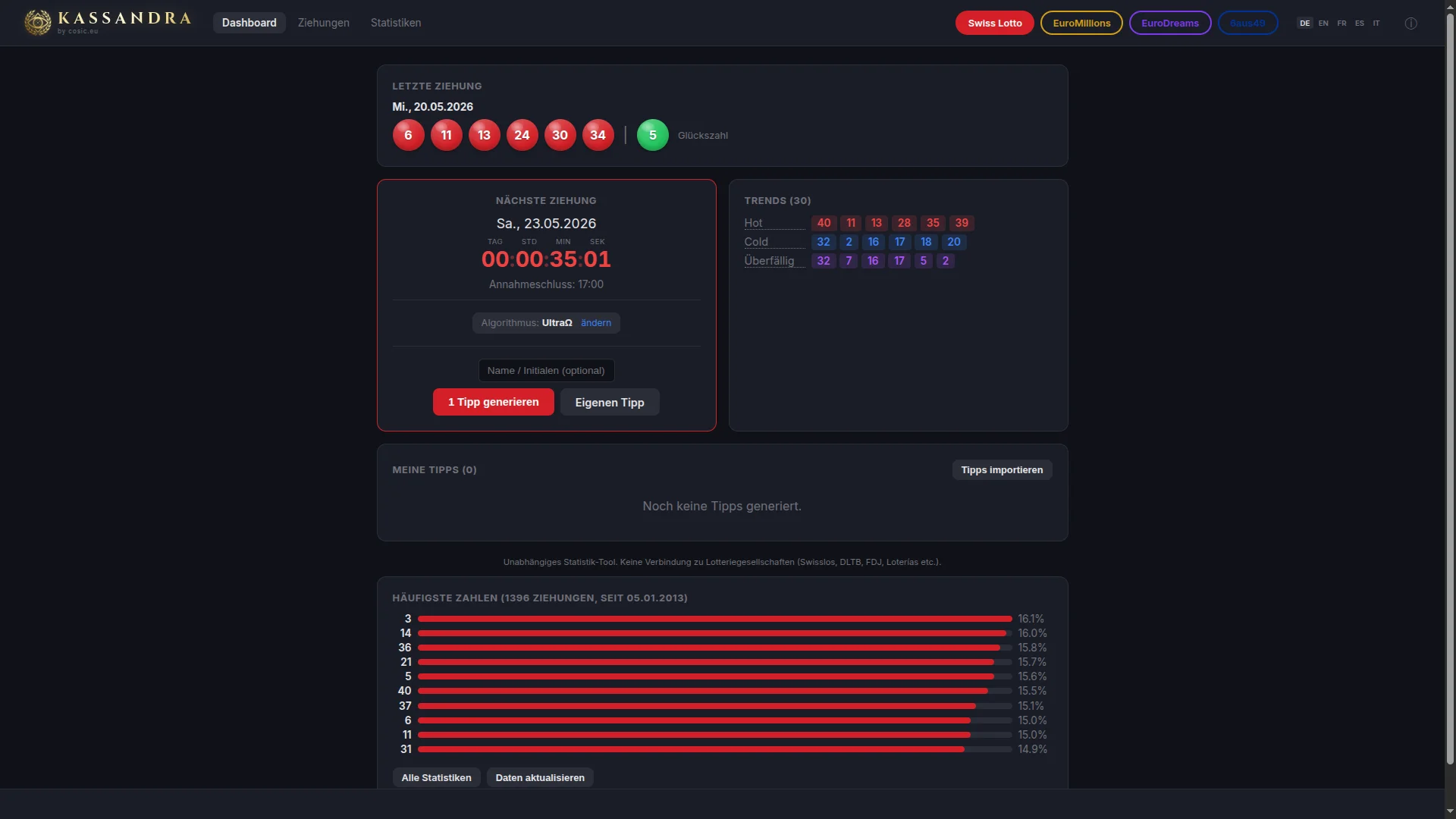 Dashboard – Letzte Ziehung, Countdown, Trends & Haeufigkeiten