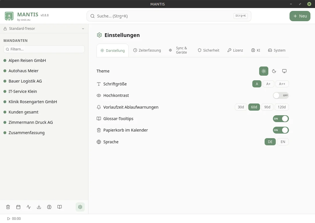 Einstellungen – Darstellung, Zeiterfassung, Sync & KI