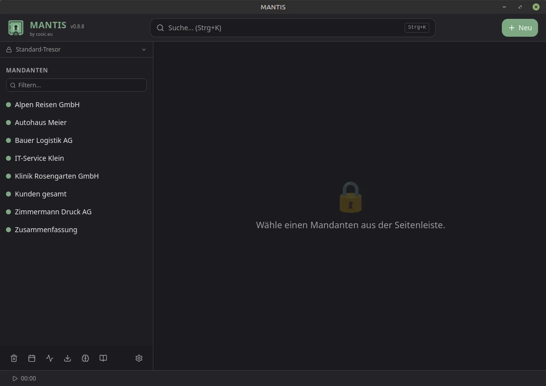 Mandanten – Kundenliste mit Suche und Tresor-Auswahl