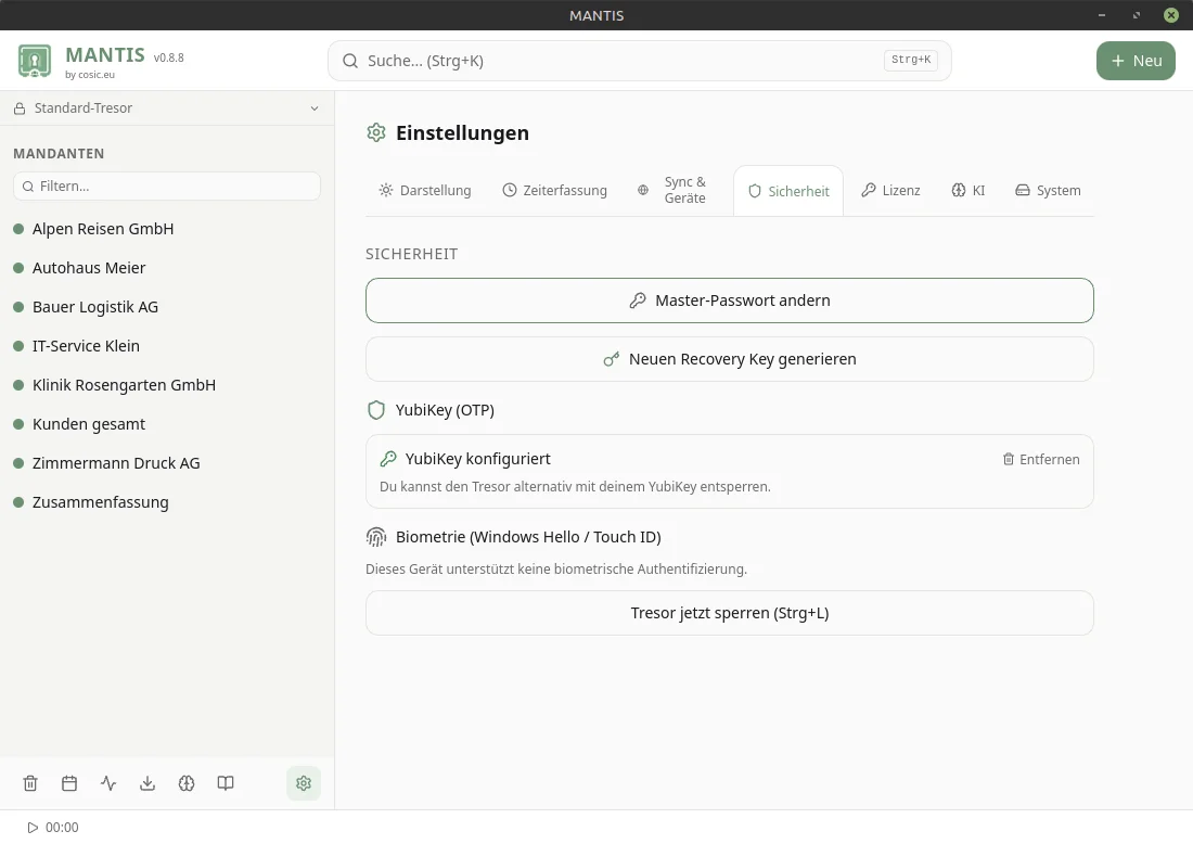 Sicherheit – Master-Passwort, Recovery Key, YubiKey & Biometrie