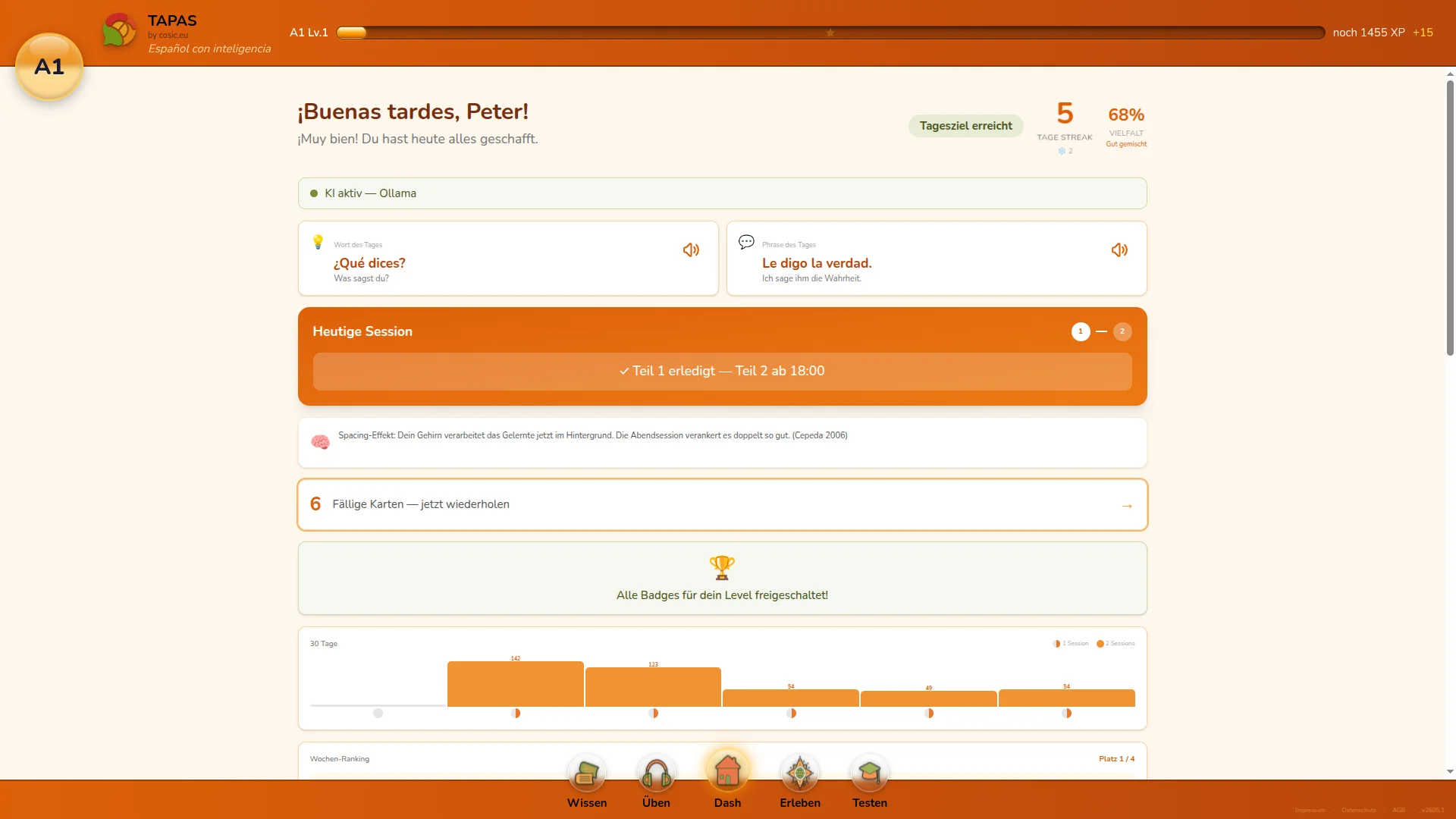 Dashboard – Heutige Session und Streak